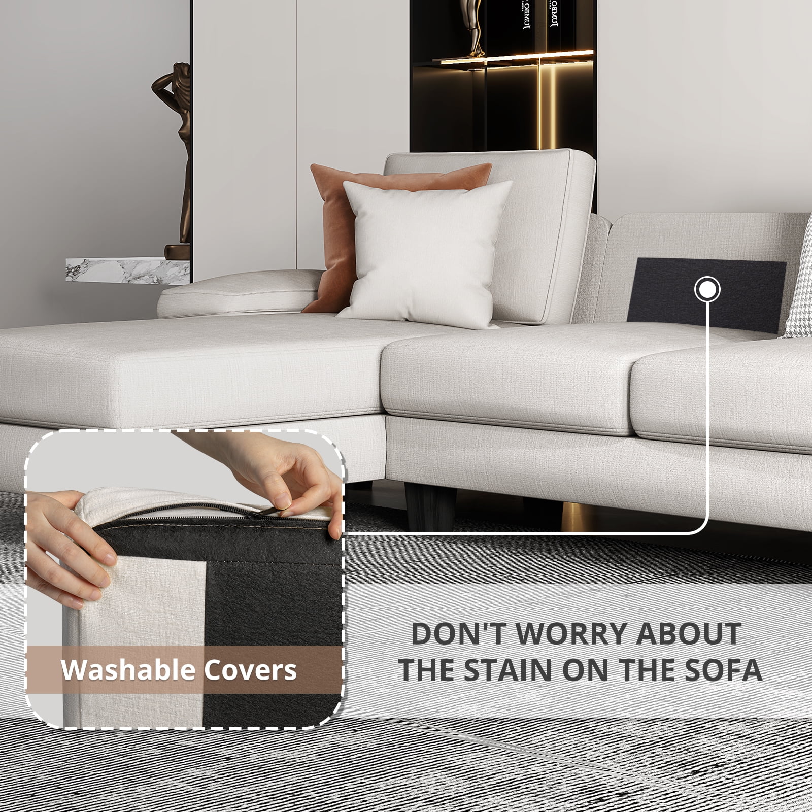 Furmax U-Shaped Sectional Sofa with Chaise, 4 Seats Chenille Fabric Sofa for Living room, White