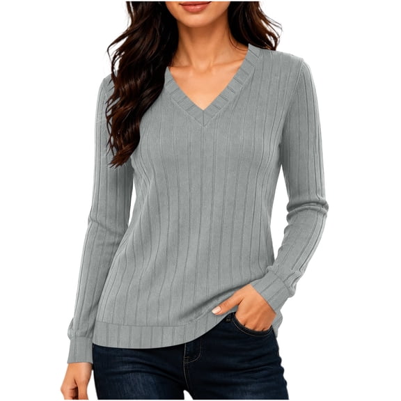 DISKEBUISS Women's V‑Neck Ribbed Knit Sweater Long Sleeve Casual Pullover Tops for Winter Fall Daily