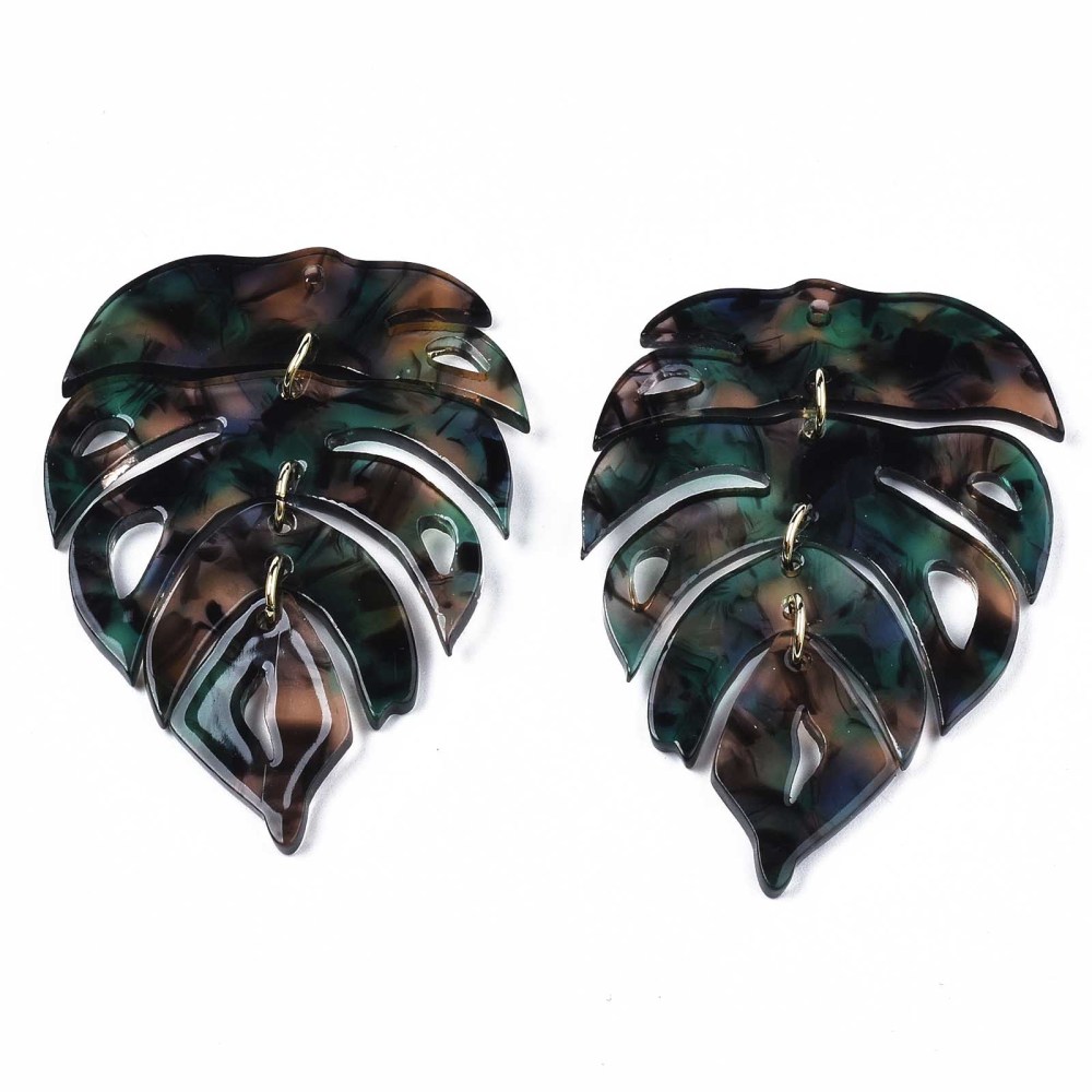 Cellulose Acetate(Resin) Big Pendants with Light Gold Plated Brass Loops Leaf Medium Sea Green 62x41x2.5mm Hole: 1.4mm Jump Ring: 6.5x1mm 5mm inner diameter