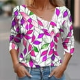 thumbnail image 2 of V Neck Tops for Women Dressy Tunic T-Shirts Juniors Pleated Button 3/4 Length Sleeve Blouse Teen Girls Casual Cute Floral Print Pullover Tee, 2 of 5