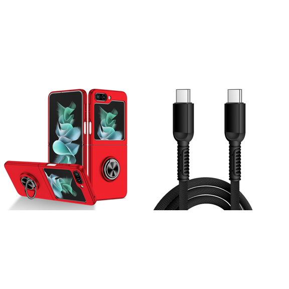 BEMZ Magnetic Holder Polycarbonate Case for Galaxy Z Flip 5 Bundle with 30W USB-C to USB-C Charging Sync USB Cable - 6 Foot - Crimson Red