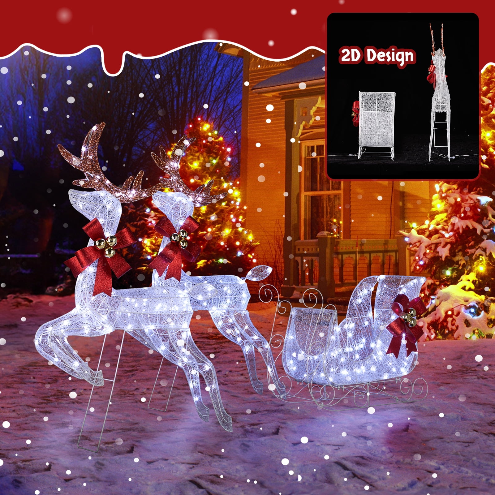 3PCS Lighted Set of 2 Reindeer & Sleigh, Weather Proof Christmas Outdoor Decorations with Pre-lit 270 LED White Lights and Stakes for Xmas Outdoor Holiday Indoor Decor Lighted Holiday Displays