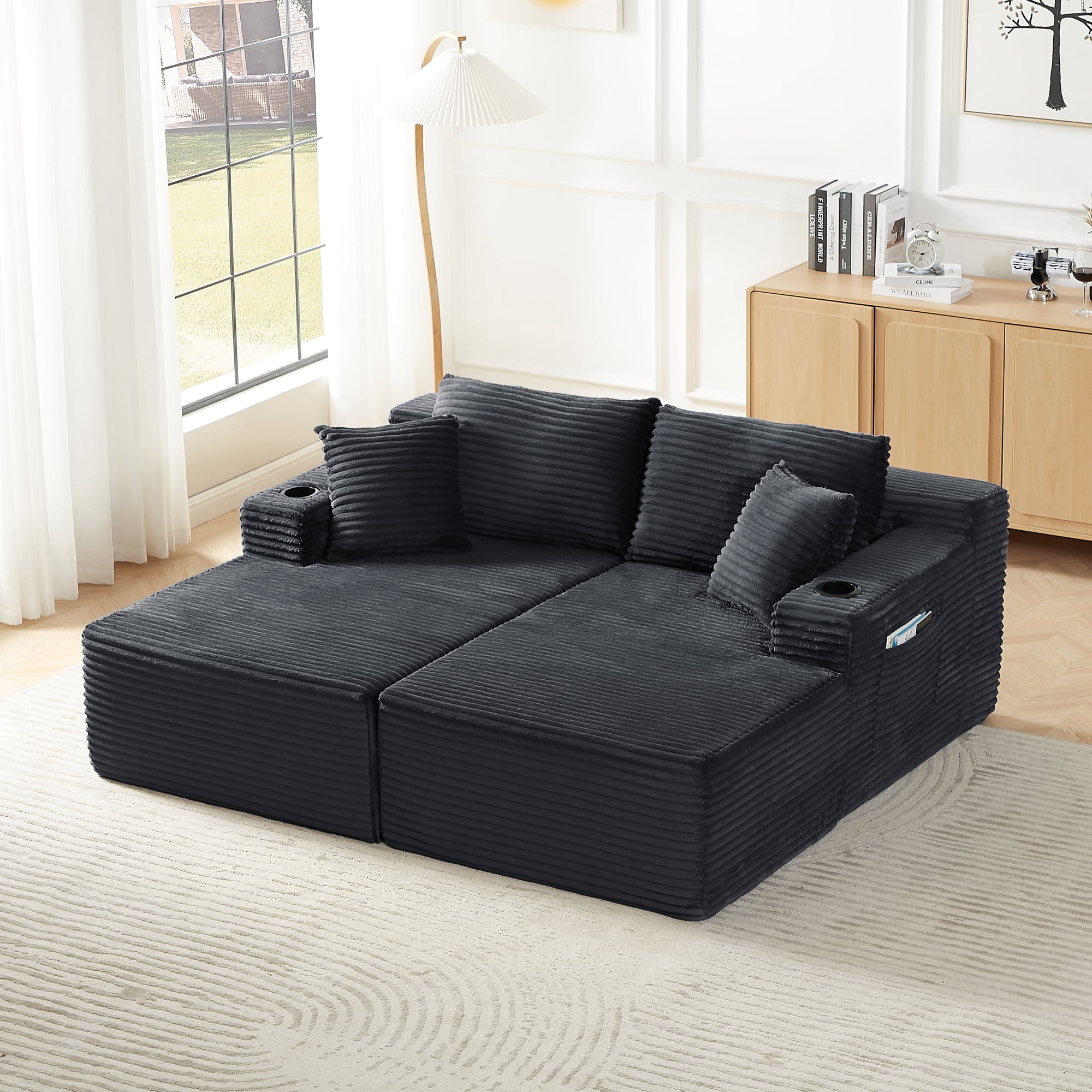 Leumius 133" Oversized Boneless Sectional Couches for Living Room,Modern Corduroy U Shaped Modular Sectional Sofa with Deep Seat,6-Seat Cloud Couch with Cupholders and Side Pockets,No Assembly