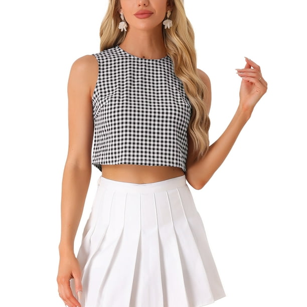 INSPIRAR CHIC Blusa sin mangas para mujer Vintage Verano Gingham Tops XL Negro