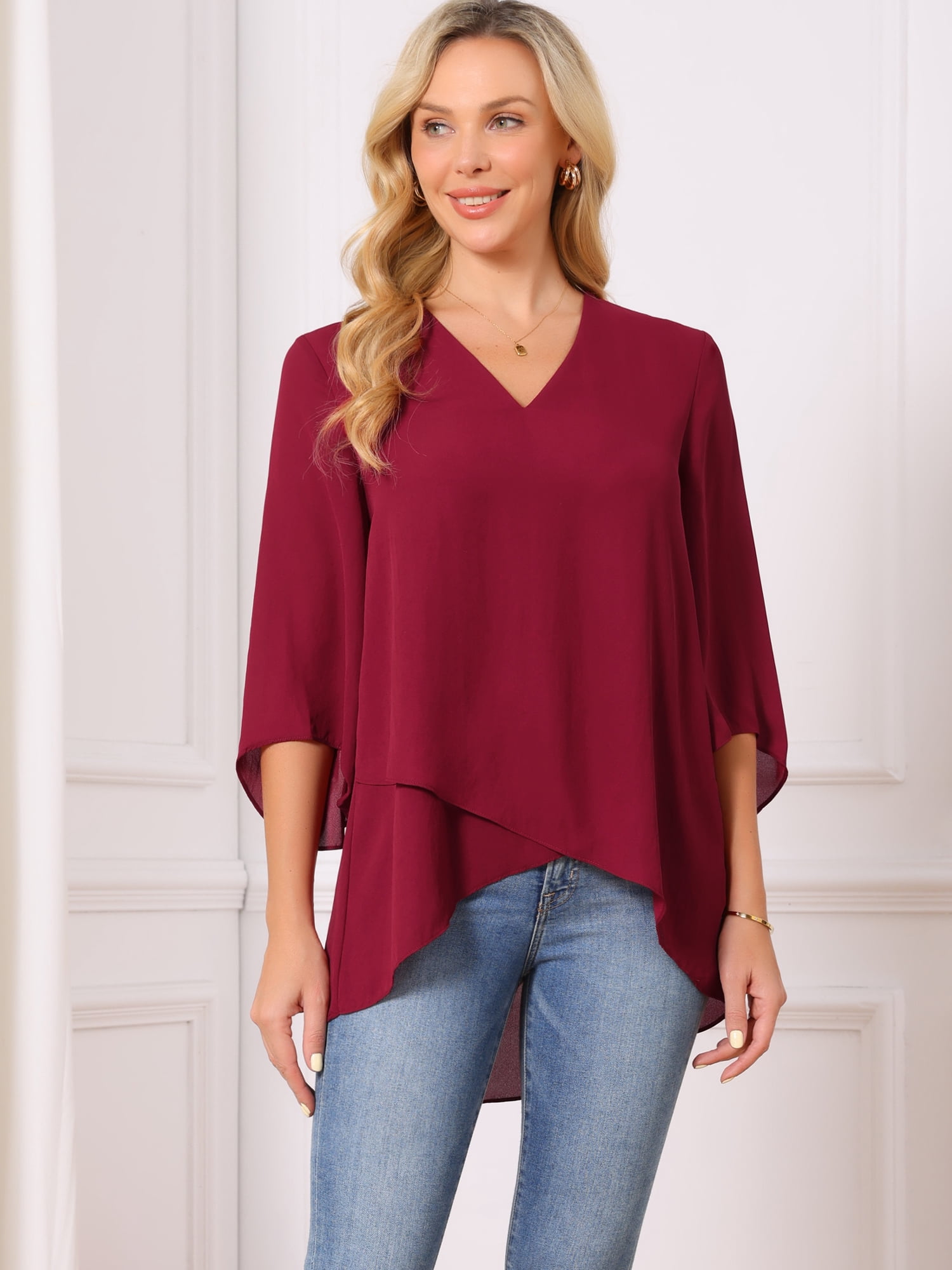 DARING DIVA Women's High Low Tops 3/4 Bell Sleeve V Neck Chiffon Blouse M Wine Red