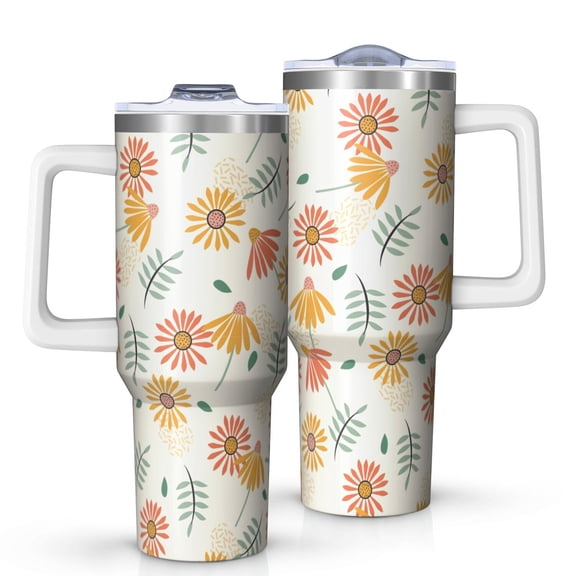 Floral 40oz Tumbler– Stainless Steel Insulated Tumbler with Handle and Straw, Large Capacity Travel Cup for Hot & Cold Drinks,Thanksgiving,Christmas, Spring,Flower