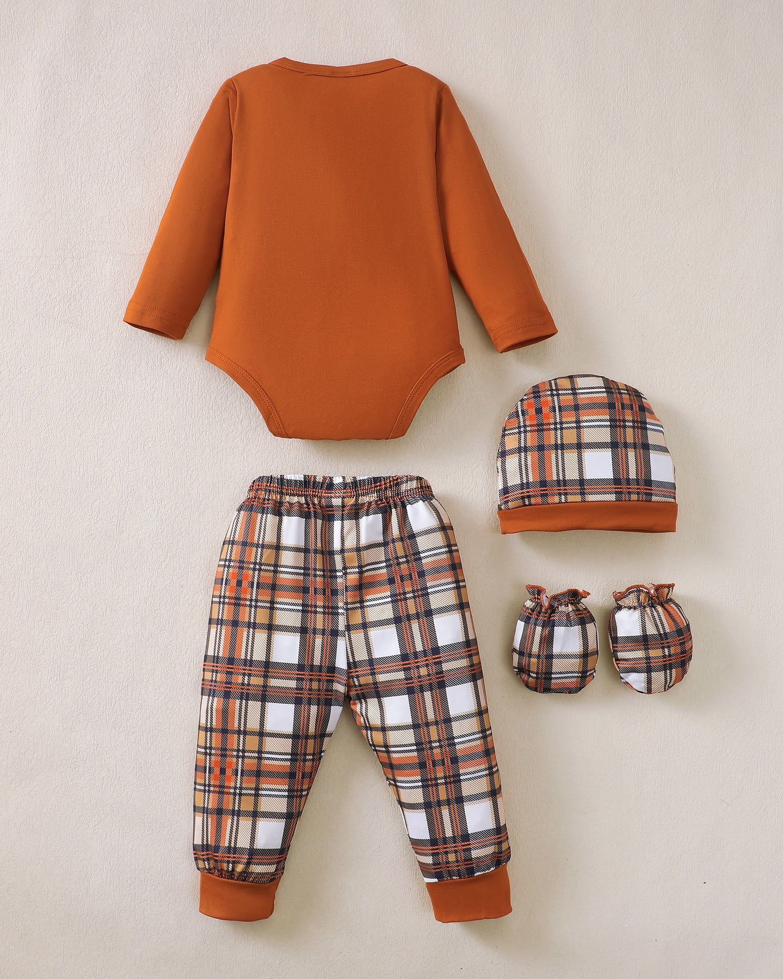 KIMI BEAR Newborn Baby Boys Layette Set Winter Outfits Long Sleeves Romper Set Letter Print Top Plaid Pants with Hats and Gloves 16pcs Clothing Brown 9-12 Months