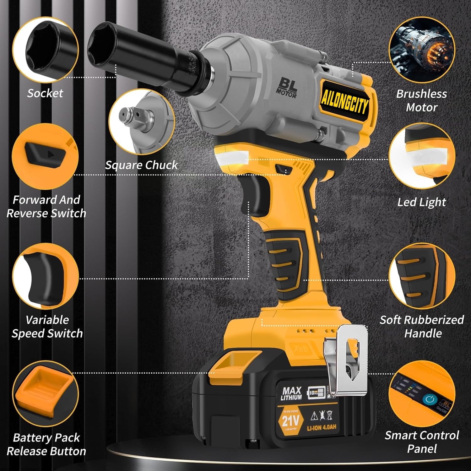 1000N.m(740ft-lbs) Cordless Impact Wrench, 1/2 Inch High Torque Brushless 21V Impact Gun w/ 2 x 4.0Ah Battery & Fast Charger & 5 Sockets, Pistola De Impacto for Home Car Tires Truck Mower