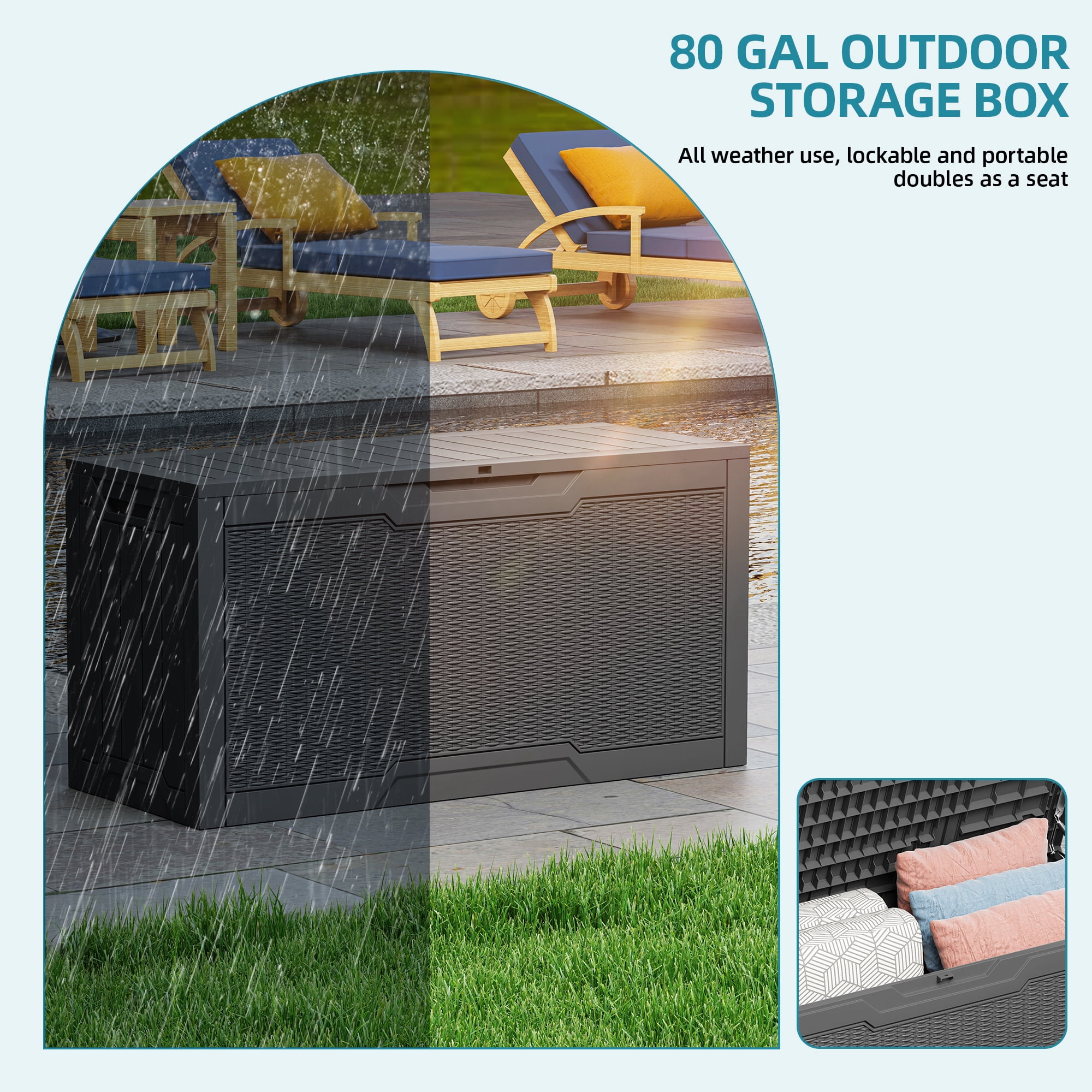 Uforic 80 Gallon Resin Deck Box, Weather Resistant Rattan Outdoor Storage Box, Lockable for Patio Garden Pool Supplies, Dark Gray