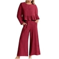 thumbnail image 1 of Yuyuzo Womens Cotton Linen 2 Piece Outfits Long Sleeve Ruffle Crewneck Tops Wide Leg Pants Lounge Tracksuits Sets, 1 of 5