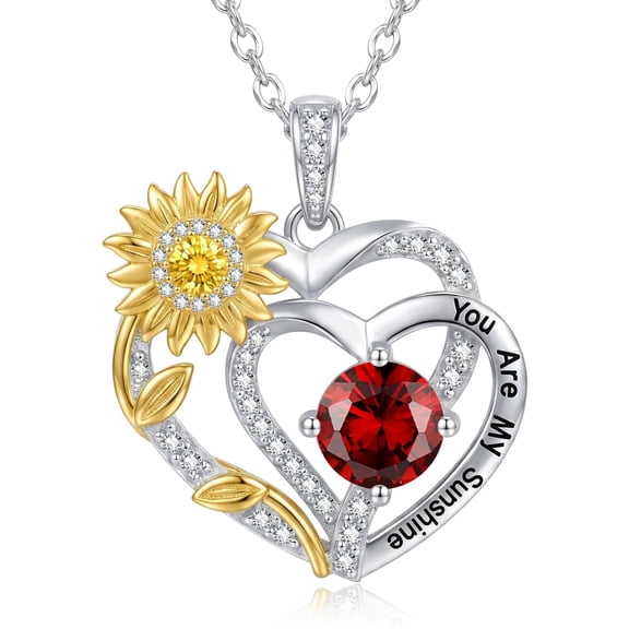 TANGPOET Sunflower Heart Necklaces for Women Sterling Silver You Are My Sunshine Necklace Sunflower Pendant Jewelry Garnet Birthstone Necklace Birthday Gifts