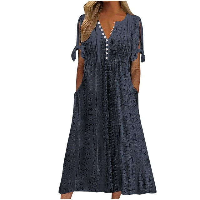 Penkiiy Robe Maxi Longue Bohème pour Femmes 2024 Robes Boho Tendance Col en V Robe de Plage Vacances Tenue Décontractée de Plage avec Poches P Marine