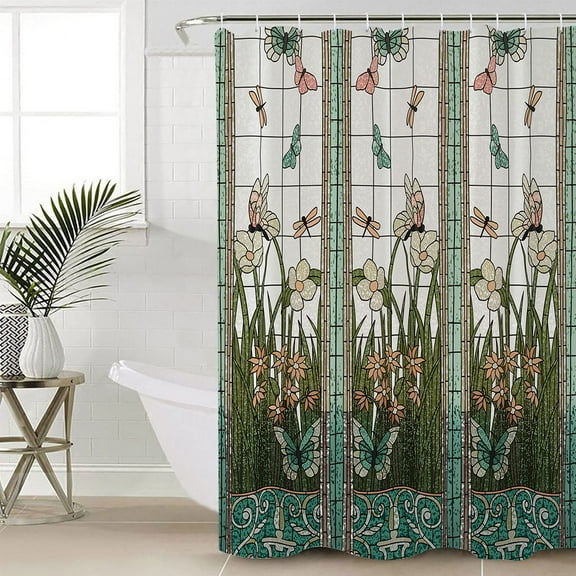 Waterproof Shower Curtain Stained Glass Meadow Flower Dragonfly Print Polyester Fabric Bath Curtain Home Hotel Apartment Bathroom Shower Curtain 70x70inch