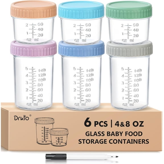 6 Pack Glass Baby Food Storage Containers - 4 & 8 oz Baby Food Jars with Lids Baby Food Maker Microwave Dishwasher Freezer Safe 100% Leak Proof BPA Free Reusable