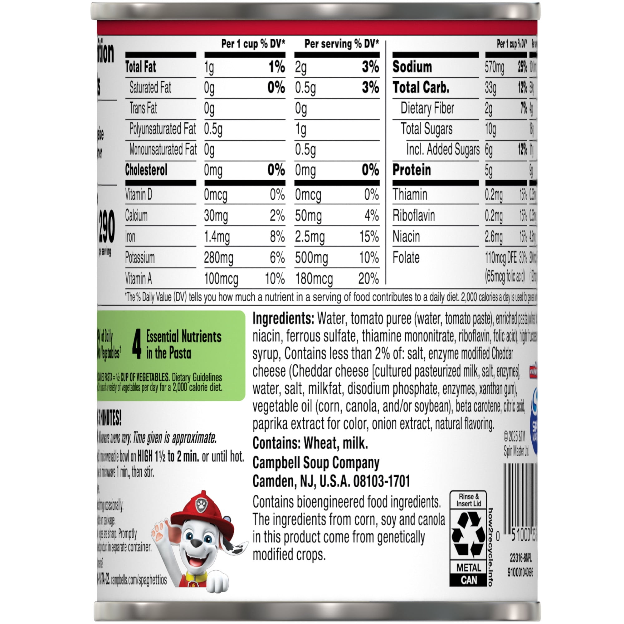 SpaghettiOs Original Canned Pasta with Paw Patrol Shapes, 15.8 oz Can