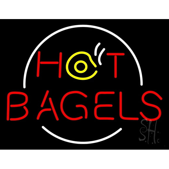 Red Hot Bagels LED Neon Sign 15 x 19 - inches, Clear Edge Cut Acrylic Backing, with Dimmer - Bright and Premium built indoor LED Neon Sign for restaurant window and interior decor.