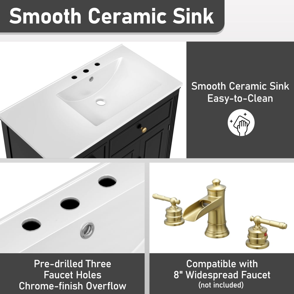 [Video] 36" Bathroom Vanity with Sink, Ceramic Sink, One Tip-out Drawer, 3 Side Drawers, Adjustable Shelf, Gray Black