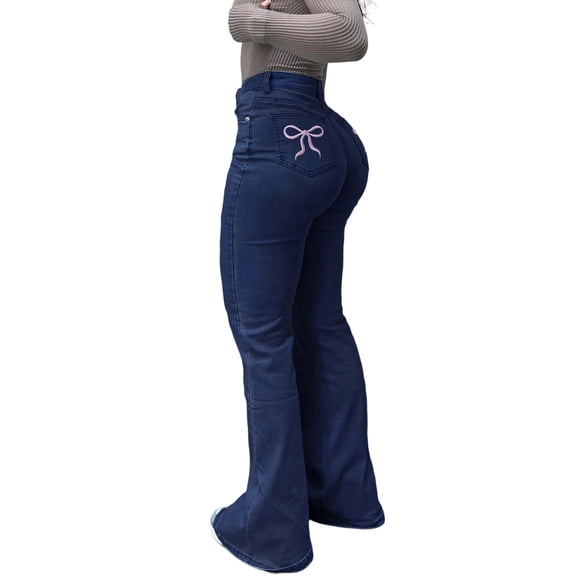 Tsesme High Waisted Flared Jeans for Women Slim Fits Elastic Denim Pants Casual Versatile Pants with Bow Embroidery Pockets,M