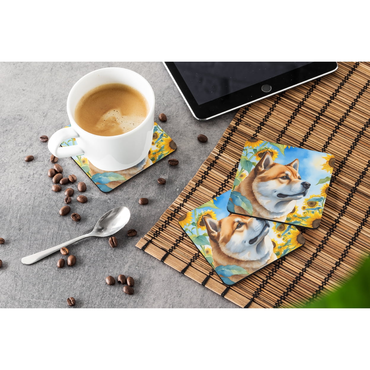 Akita in Sunflowers Foam Coasters