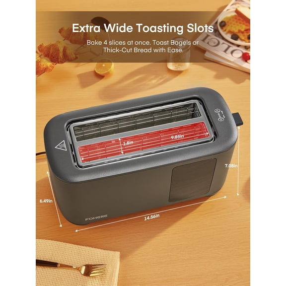 4 Slice Toaster Touch Screen Control, Long Extra Wide Slots Smart Bread Toaster, 6 Bread Types & 6 Shade Settings, Stainless Steel, with Removable Tray, Cancel/Defrost/Reheat Function, Grey