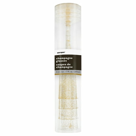 Unique Industries Plastic Champagne Flutes, 7 oz, Gold Glitter, (Best Year For Cristal Champagne)