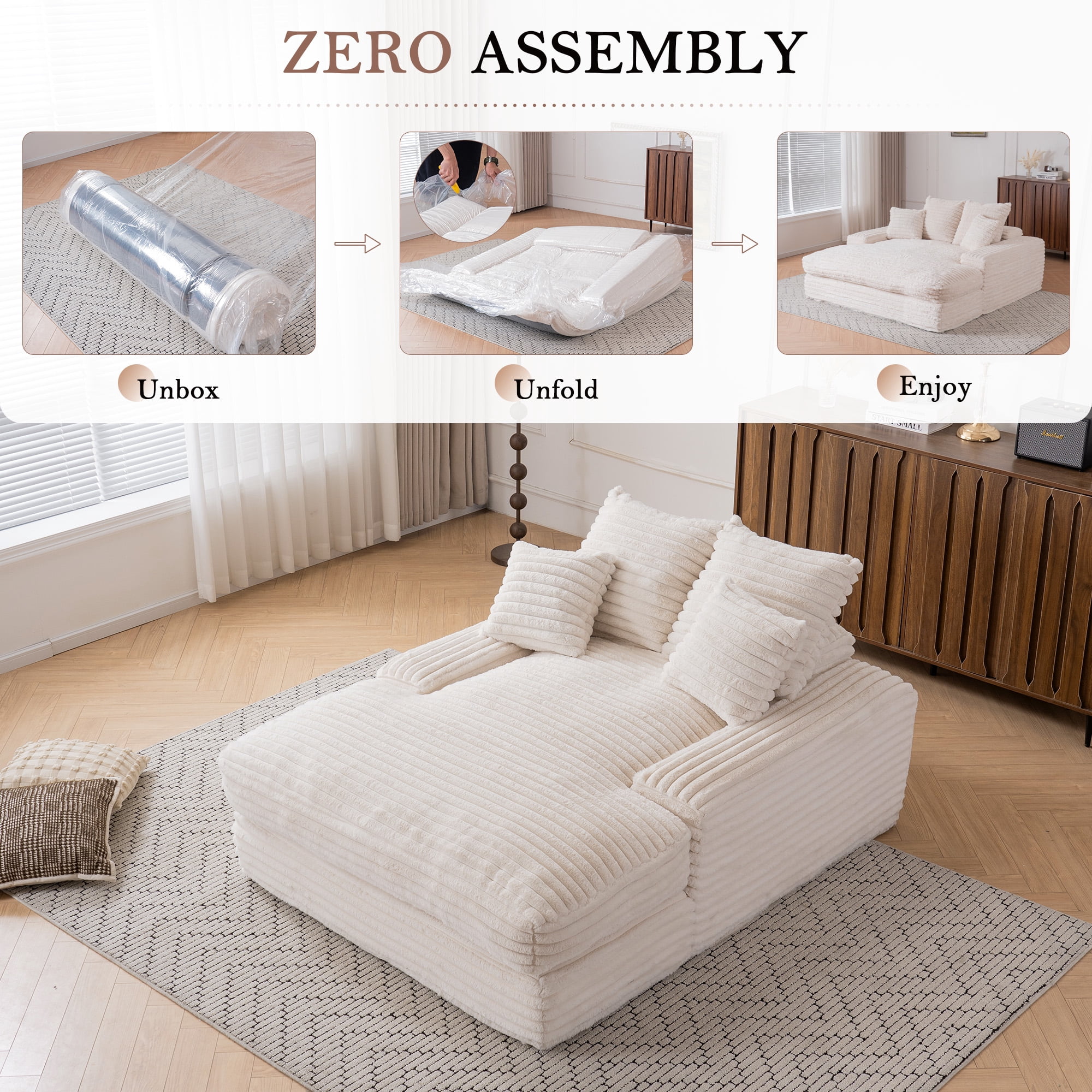 MOONMISS 69in Corduroy Chaise Lounge Sofa Bed with 4 Pillows,No Assembly Chair Bed for Small Space Living Room Apartment,Beige