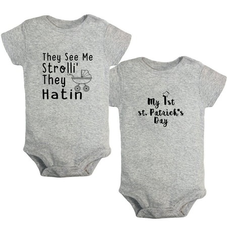 

iDzn Pack of 2 My 1st st. Patrick s Day & They See Me Strolli They Hatin Funny Rompers For Babies Newborn Baby Unisex Bodysuits Infant Jumpsuits Toddler 0-24 Months Kids One-Piece Oufits