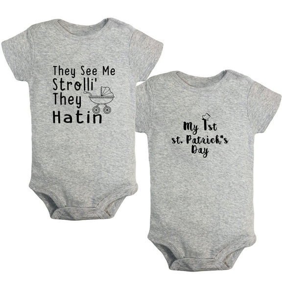 iDzn Pack of 2, My 1st st. Patrick's Day & They See Me Strolli' They Hatin Funny Rompers For Babies, Newborn Baby Unisex Bodysuits, Infant Jumpsuits, Toddler 0-24 Months Kids One-Piece Oufits