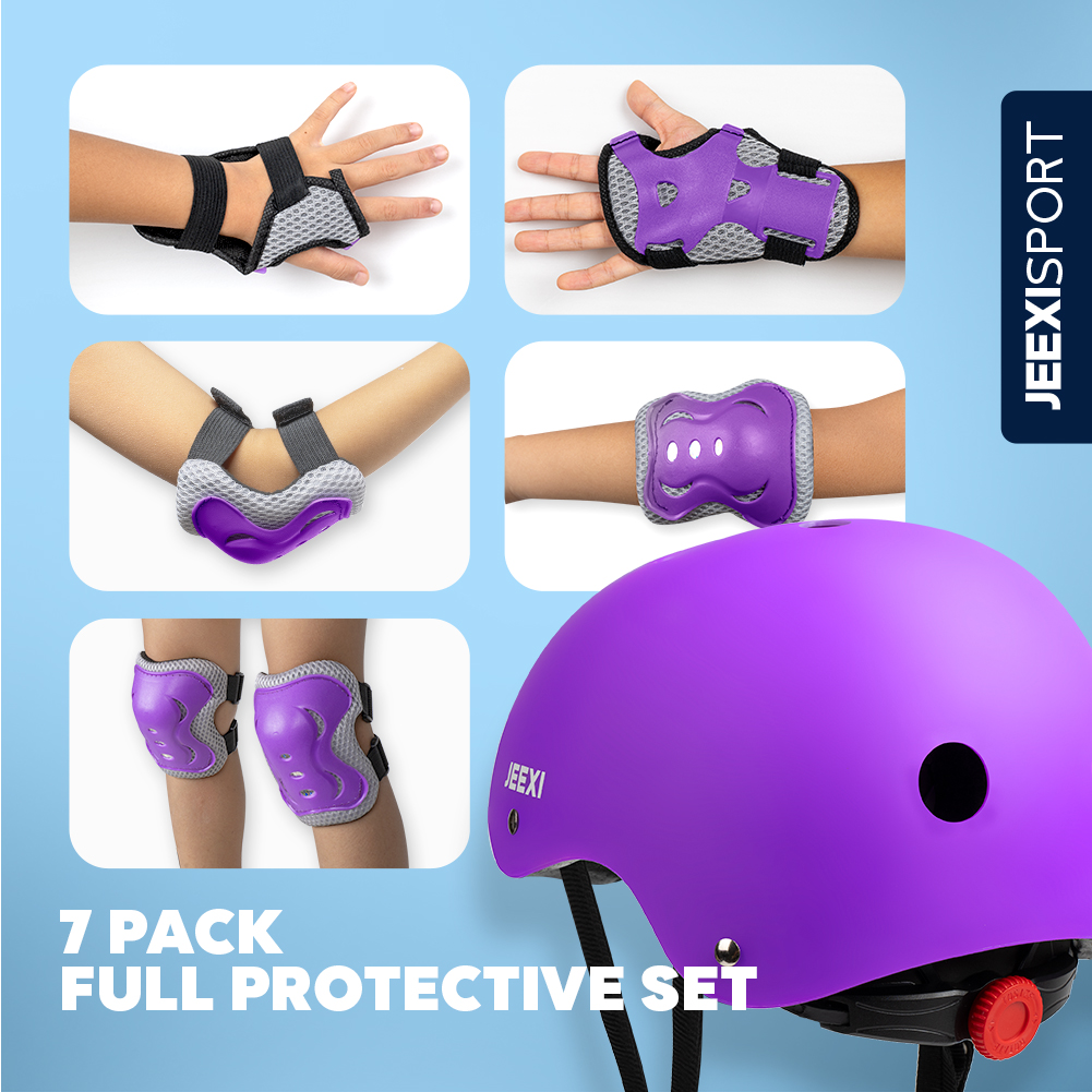JEEXI 7 Pack Kids Protective Gear with Helmet, Knee & Elbow Pads, Wrist Guards for Skateboard, Roller Skates, Bike, Scooter (Purple)