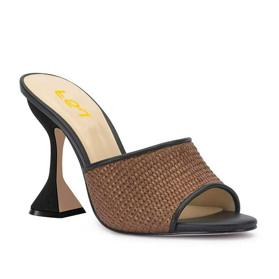 FSJ Women Open Toe Woven Wide Strap Slide Sandals Slip on High Spool Heel Mules Backless Shopping Daily Dressy Shoes Size 8 Black