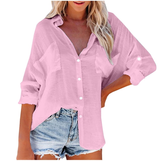 Timegard Womens Shirts Button down Tops Long Sleeve Lapel V Neck Blouse Fall Lightweight Shirts Tops