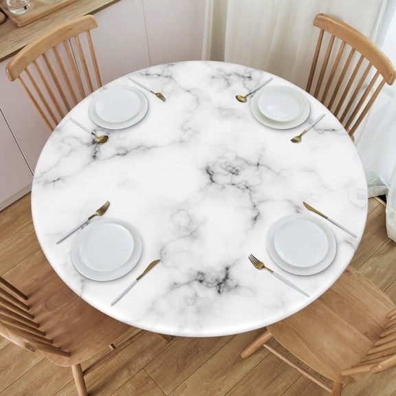 Elastic Edged Round Fitted White Marble Pattern Table Cloth Cover for Indoor Outdoor Kitchen Party, Waterproof Wipeable Tablecloth for 40"- 44" Tables,Small