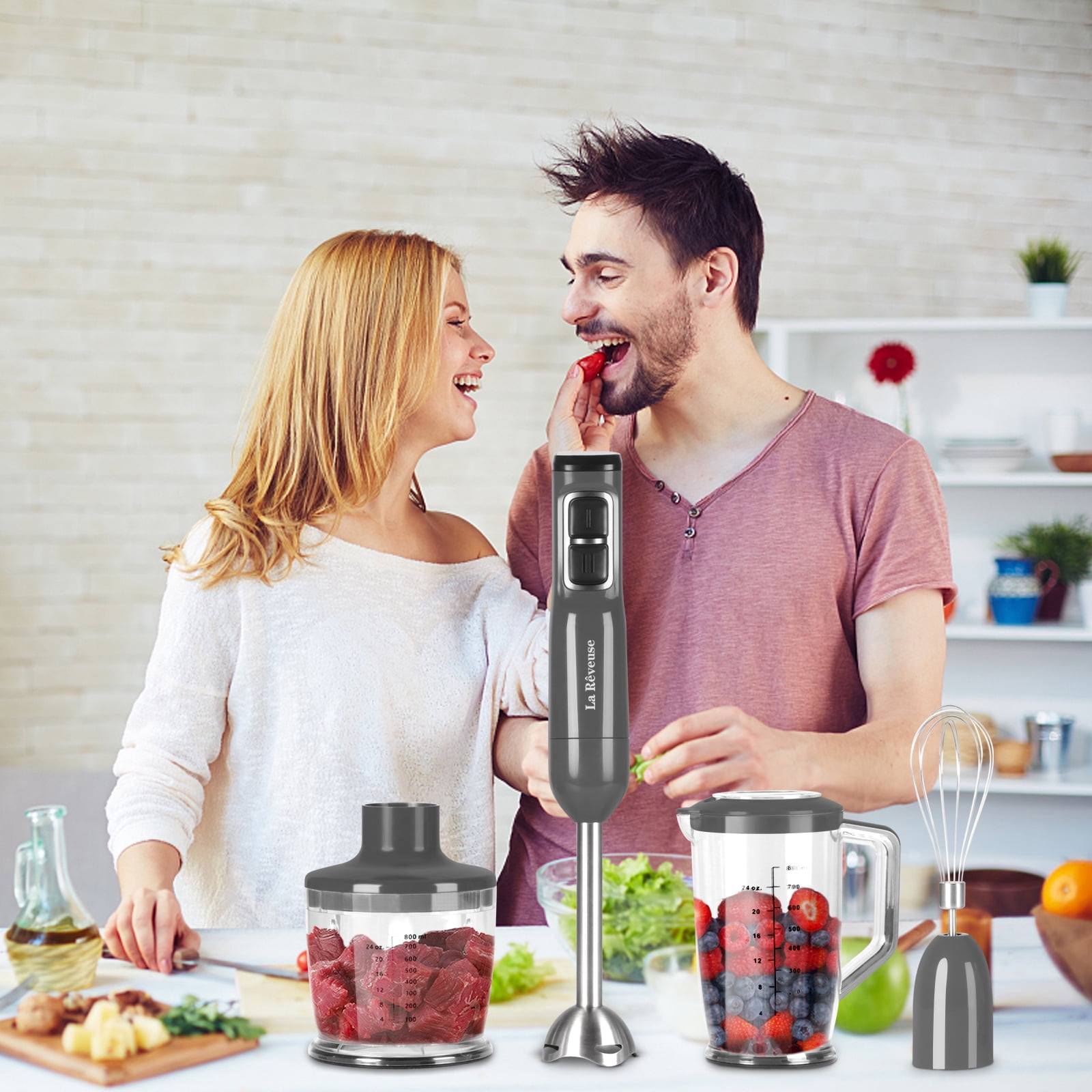 La Reveuse Immersion Hand Blender, 3 in 1, 300 Watts 2 Speeds Multi-purpose with Whisk,Mixing Beaker,Food Chopper Grinder attachments