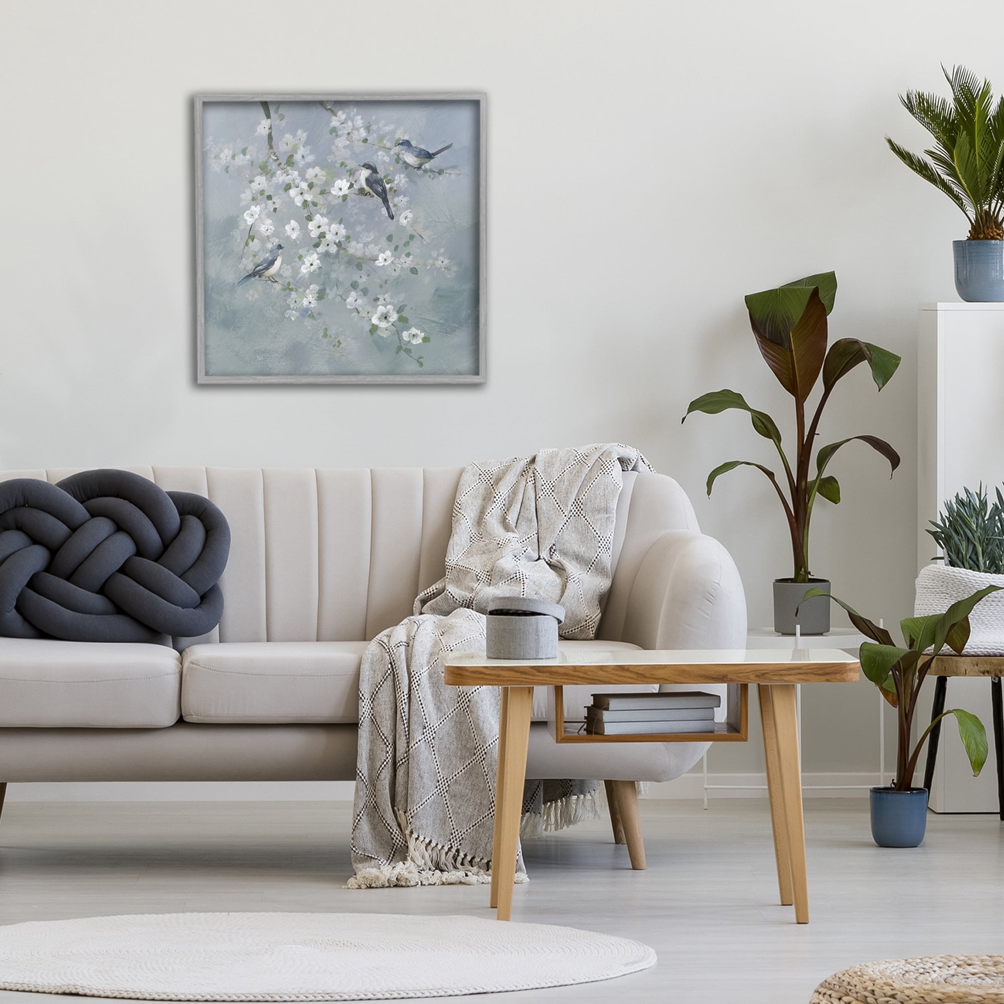 Stupell Industries Serene Birds on White Blooms Gray Framed Giclee Art, design by Nan