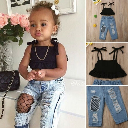 Toddler Kids Baby Girls Vest Tops + Ripped Fish Net Jeans Pants Outfits Summer Clothes