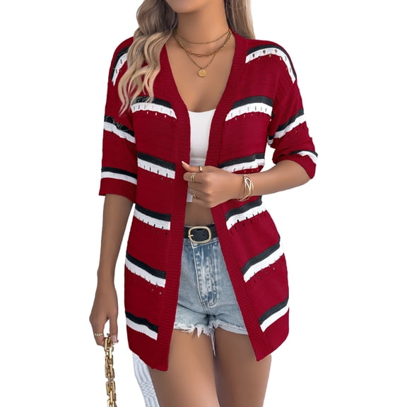Women Open Front Knitted Crochet Cardigan Short Sleeve Sweater Casual Loose Comfy Light-Weight Kimonos Top Wine Red M