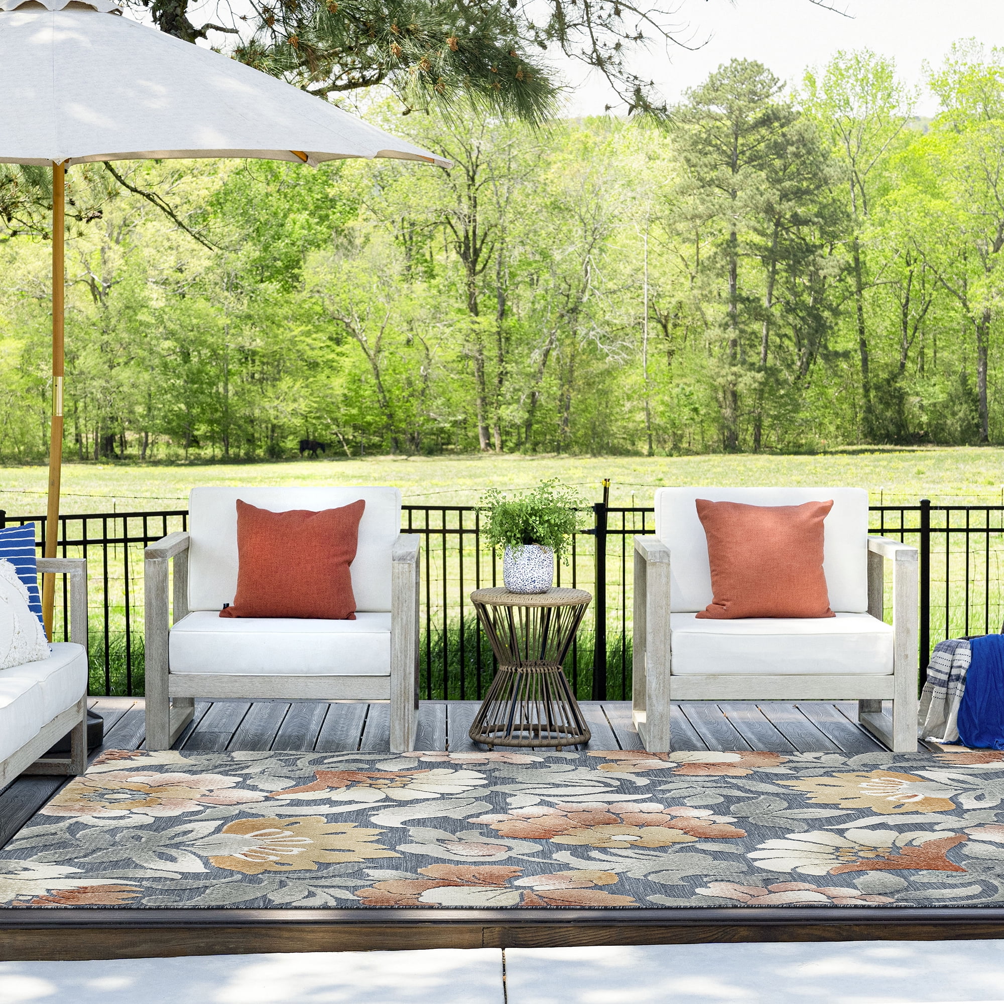 5x7 Water Resistant, Indoor Outdoor Rugs for Patios, Front Door Entry, Entryway, Deck, Porch, Balcony | Outside Area Rug for Patio | Dark Blue, Floral | Size: 5'1'' x 7'3''