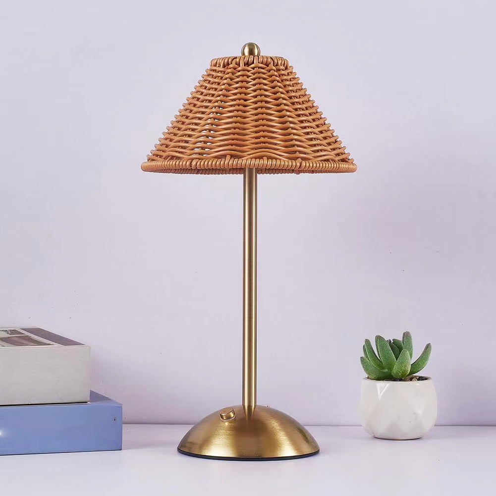HUISZJ Cordless Table Lamp, Rechargeable Touch Control Rattan Table Lamp, Dimmable Retro Nightstand Lamp for Bedroom Home Decor