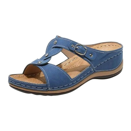 

CLZOUD Wide Width Sandals for Women Blue Women Slope Heel Slippers Summer Fashion Slope Heel Thick Soled Massage Retro Beach Slippers 40