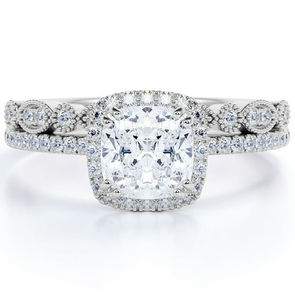 JeenMata 1.5 Carat Cushion Cut Moissanite Bridal Set in 18k White Gold Over Silver Flawless Ring