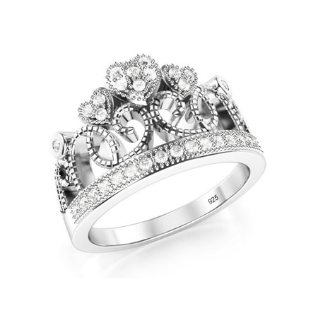 925 Sterling Silver Cubic Zirconia Princess Heart Crown Tiara CZ Band Ring Sz