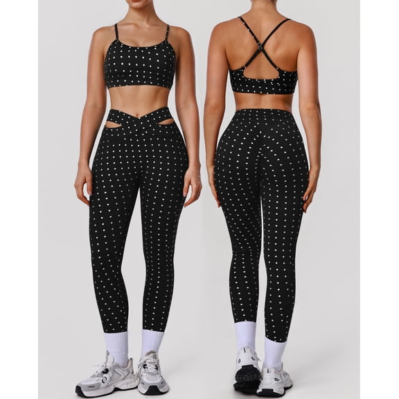 PISONIC Polka Dot Yoga Sets for Women - Fashion Print High Waist Training Fitness Set for Running and Workout, Two-Piece Outfit