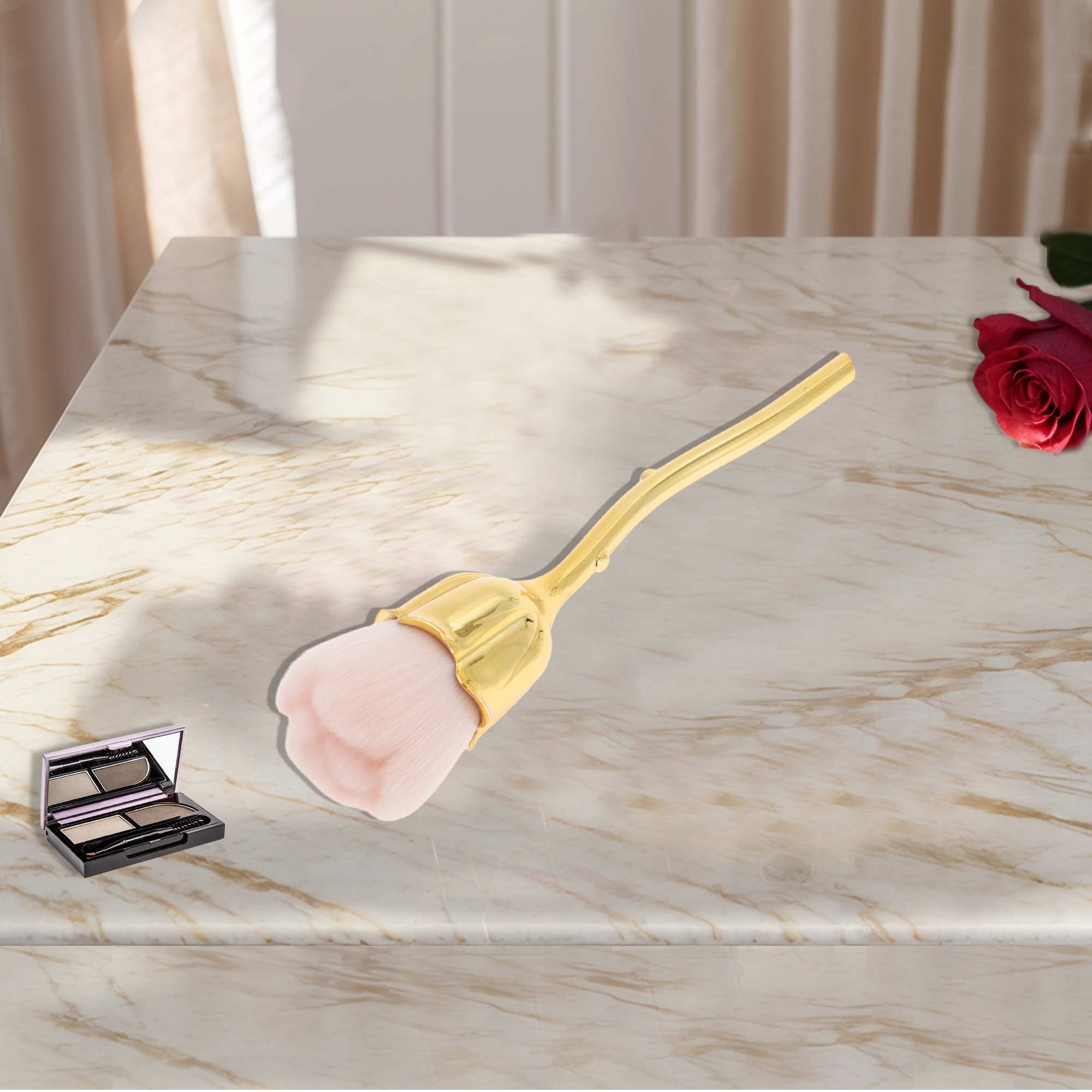 Unique Bargains 1 Pc Flower Shape Makeup Brush for Travel Gold Tone, Pink