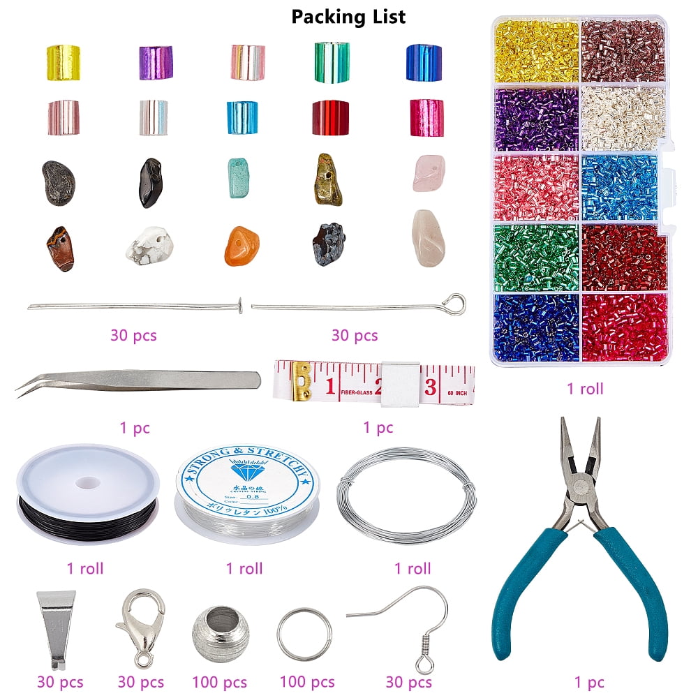 Jewelry Making Kit 430 pcs 10 Colors Chip Stone Beads 110g 2mm Seed Beads Crimp Beads Jump Rings Ice Pick Pinch Bail Earring Hook Lobster Claw Clasp