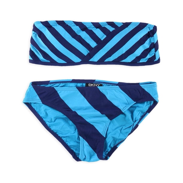 DKNY Bandeau clásico de 2 piezas con empalme a rayas para mujer, azul, mediano DKNY Bandeau