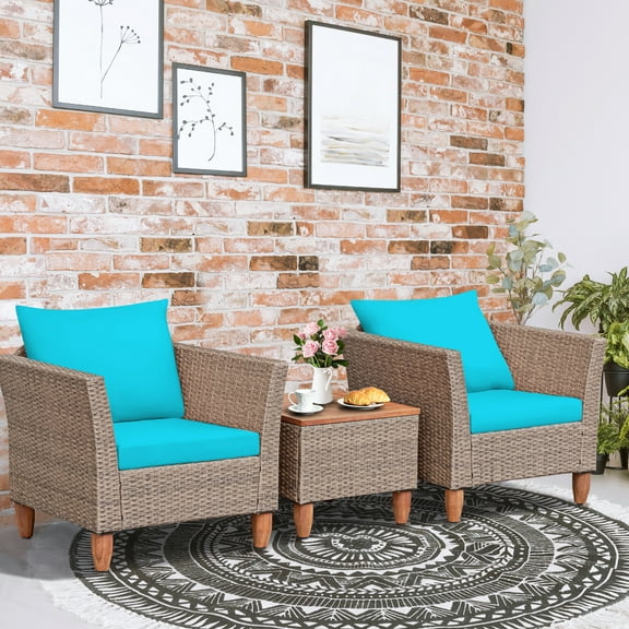 Gymax 3PCS Rattan Patio Conversation Furniture Set w/ Wooden Feet Turquoise Cushions