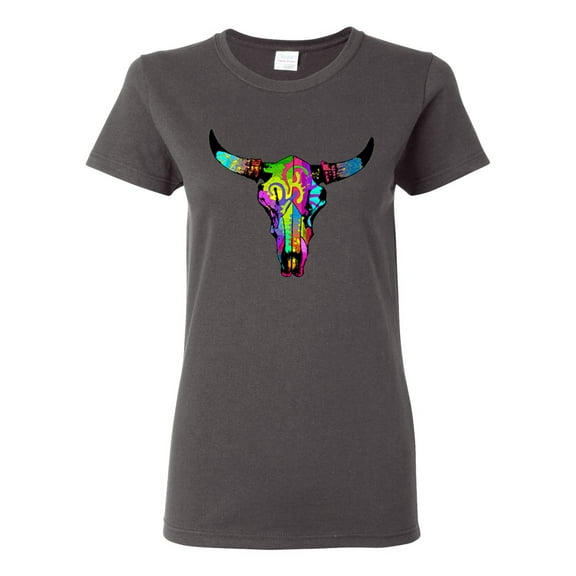 Wild Bobby, Colorful Rainbow Cow Bull Skull Animal Lover Womens Graphic T-Shirt, Charcoal, Small