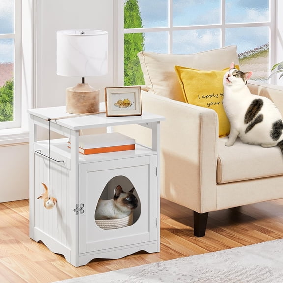Litter Box Enclosure with Open Shelf and Towel Rack, Hidden Pet Furniture Cabinet for Indoor Use, White Modern Design