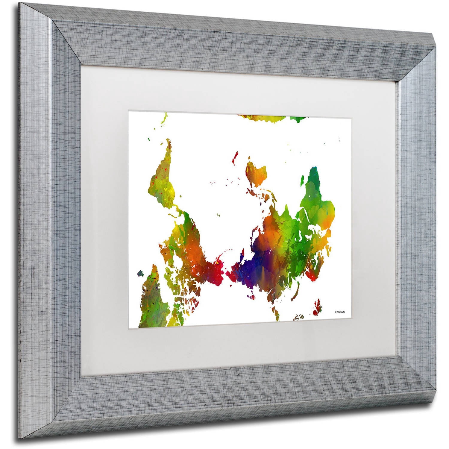 Trademark Fine Art "Upside Down Map of the World Clr 1" Canvas Art by Marlene Watson, White Matte, Silver Frame
