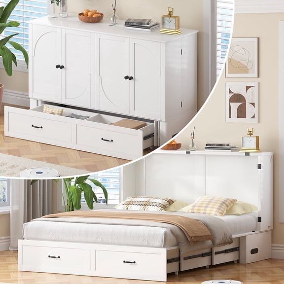 Puremind Queen Size Murphy Bed with Mattress and Charging Station, Cabinet Bed with Storage Drawer, Murphy Bed Furniture for Bedroom/Office/Guest Room, White